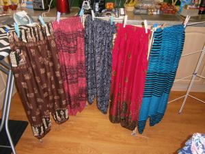 Comfy Bohemian style pants to relax in. Elasticated waist and bottoms. One size fits all! Suggested donation £13
