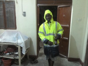 Innocent in his new jacket with a Nile beer for Gerry